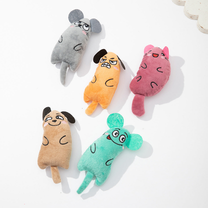 Five colorful character-shaped cat toys arranged on a white surface