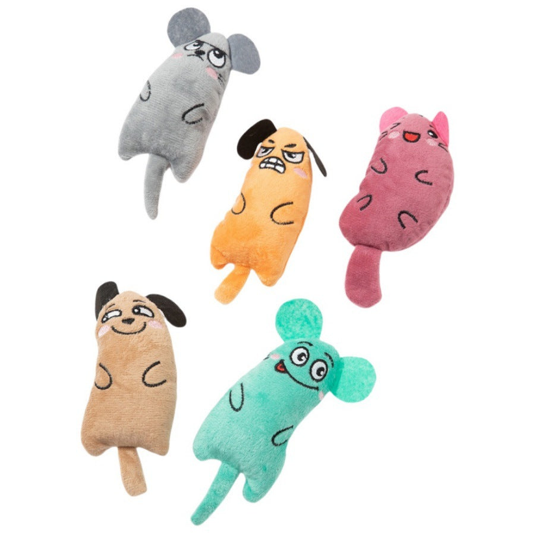 Five character-shaped cat toy colors isolated on white