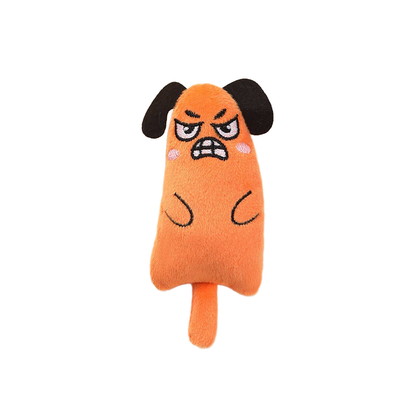 Orange character-shaped cat toy with an angry dog face, front view