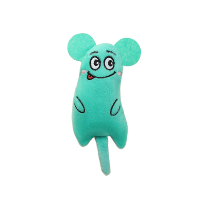 Turquoise character-shaped cat toy with a smiling mouse face, front view