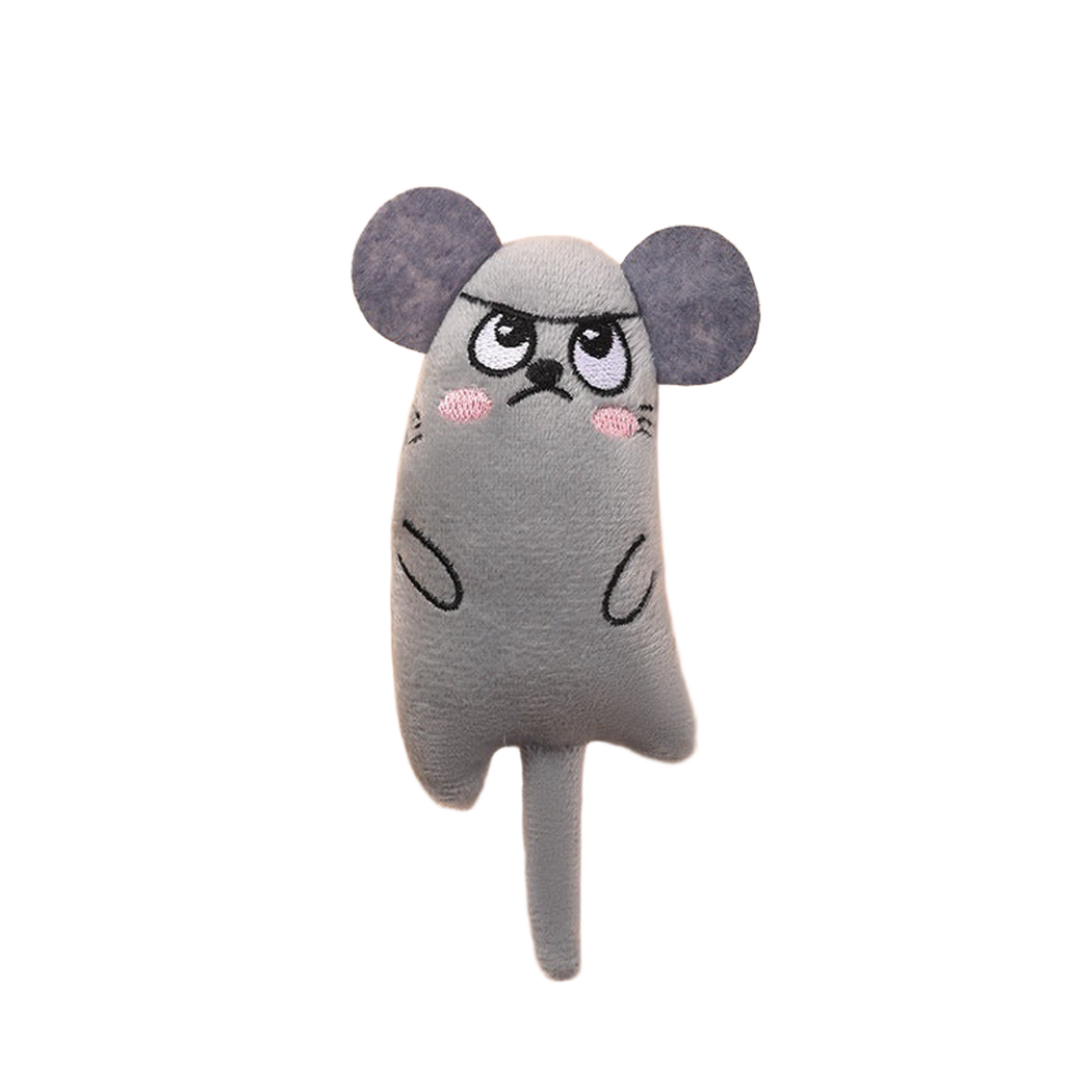 Gray character-shaped cat toy with a frowning mouse face, front view