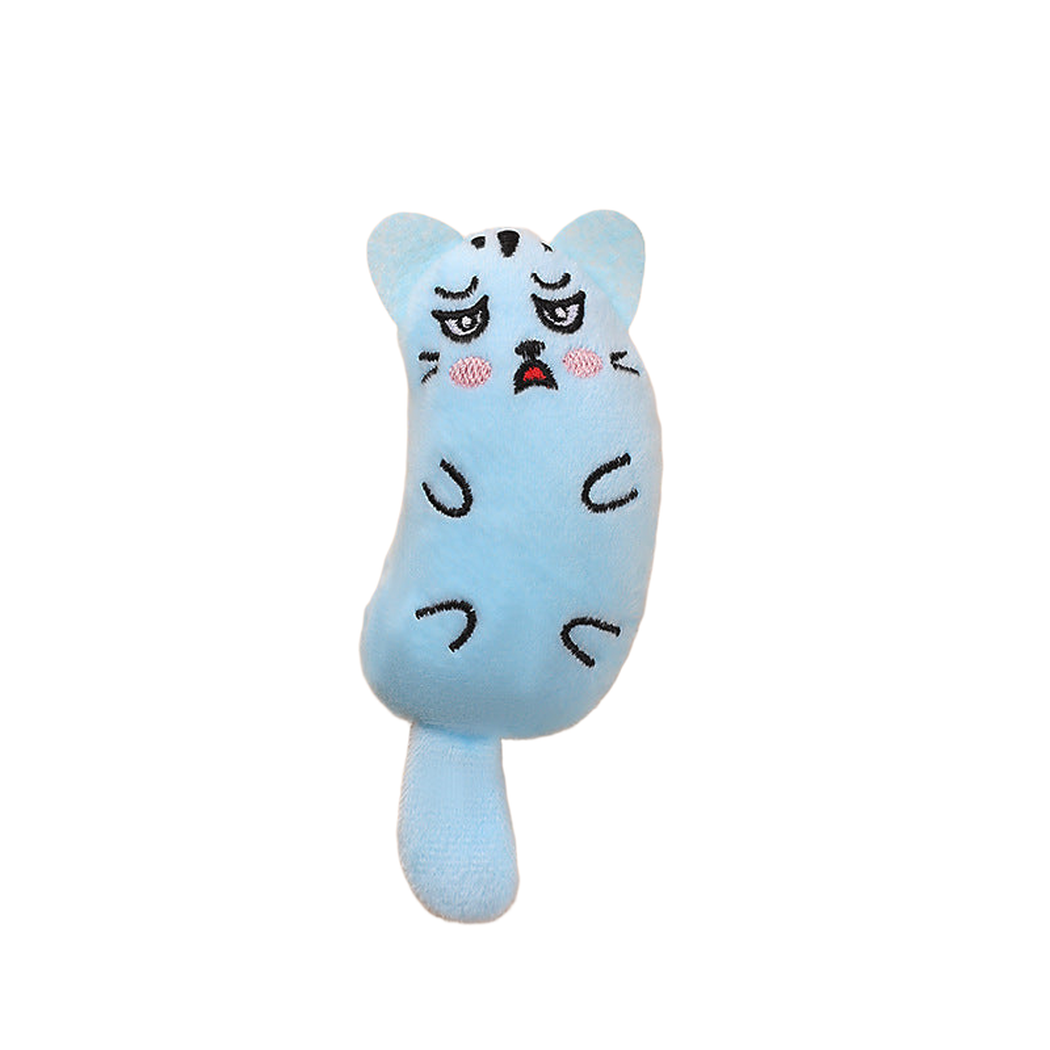 Light Blue character-shaped cat toy with a sad cat face, front view