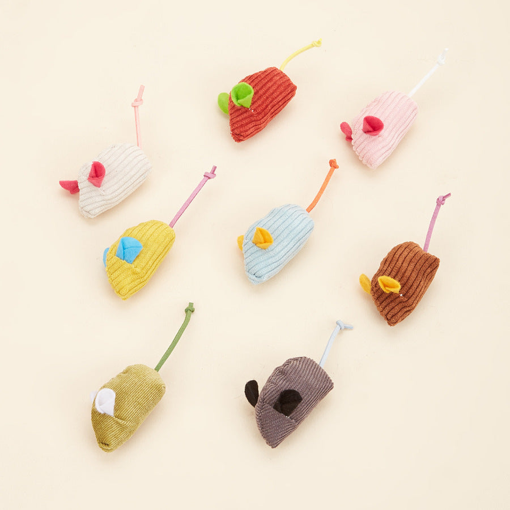 Colorful ribbed mouse-shaped cat toys displayed together