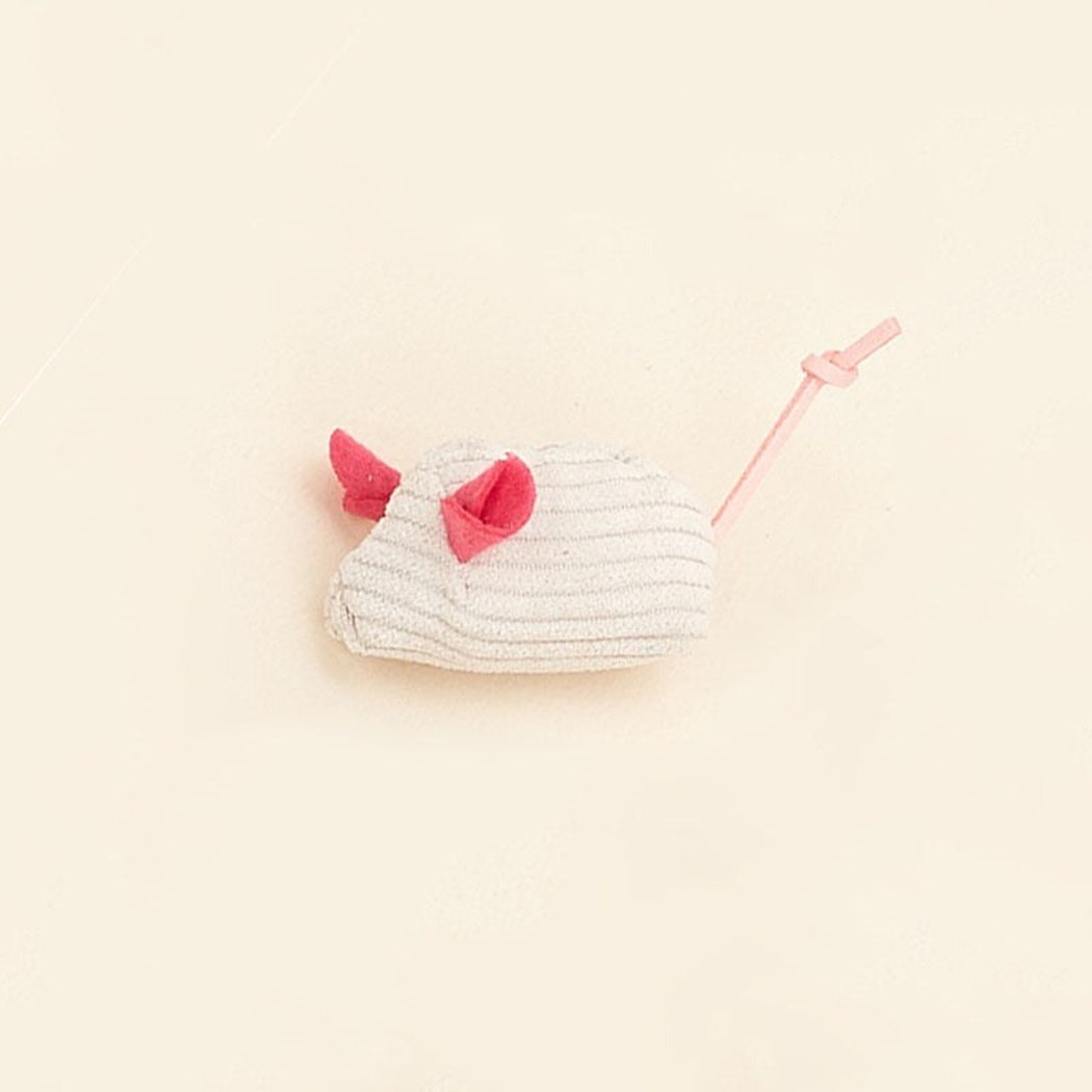 White ribbed mouse-shaped cat toy with pink ears and cord tail