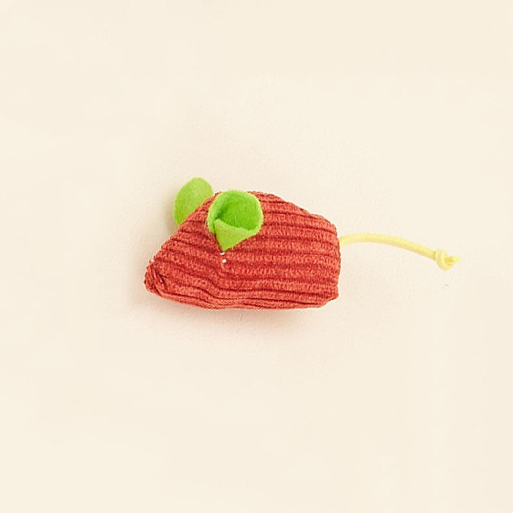 Red ribbed mouse-shaped cat toy with green ears and cord tail