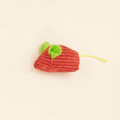 Red ribbed mouse-shaped cat toy with green ears and cord tail
