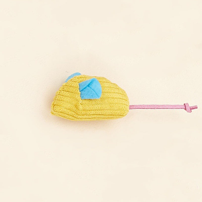 Yellow ribbed mouse-shaped cat toy with blue ears and cord tail