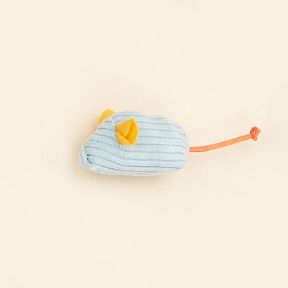 Light Blue ribbed mouse-shaped cat toy with yellow ears and cord tail
