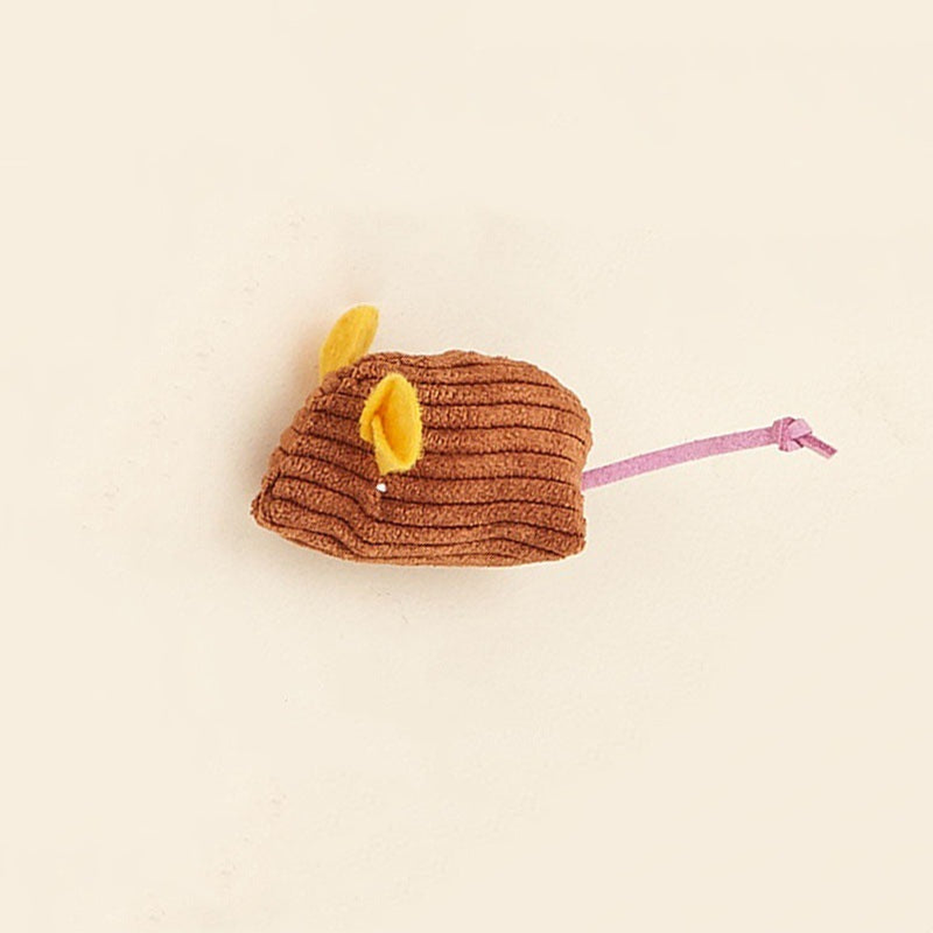 Brown ribbed mouse-shaped cat toy with yellow ears and cord tail
