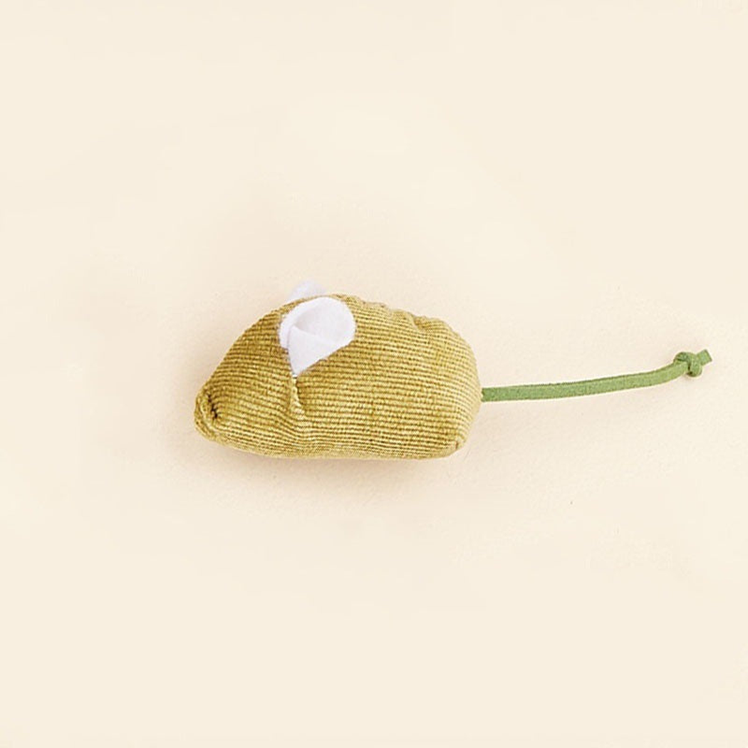 Mustard ribbed mouse-shaped cat toy with white ears and cord tail