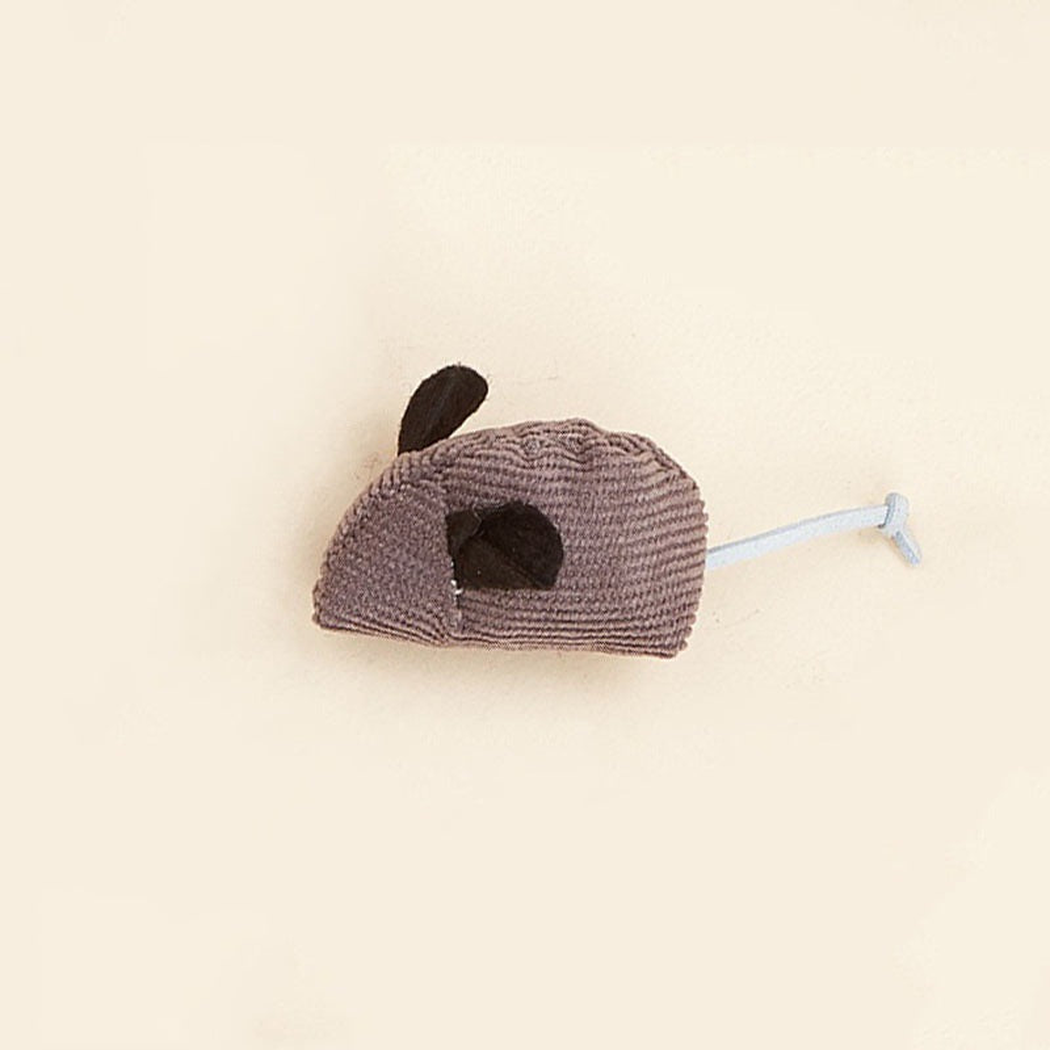 Gray ribbed mouse-shaped cat toy with black ears and cord tail
