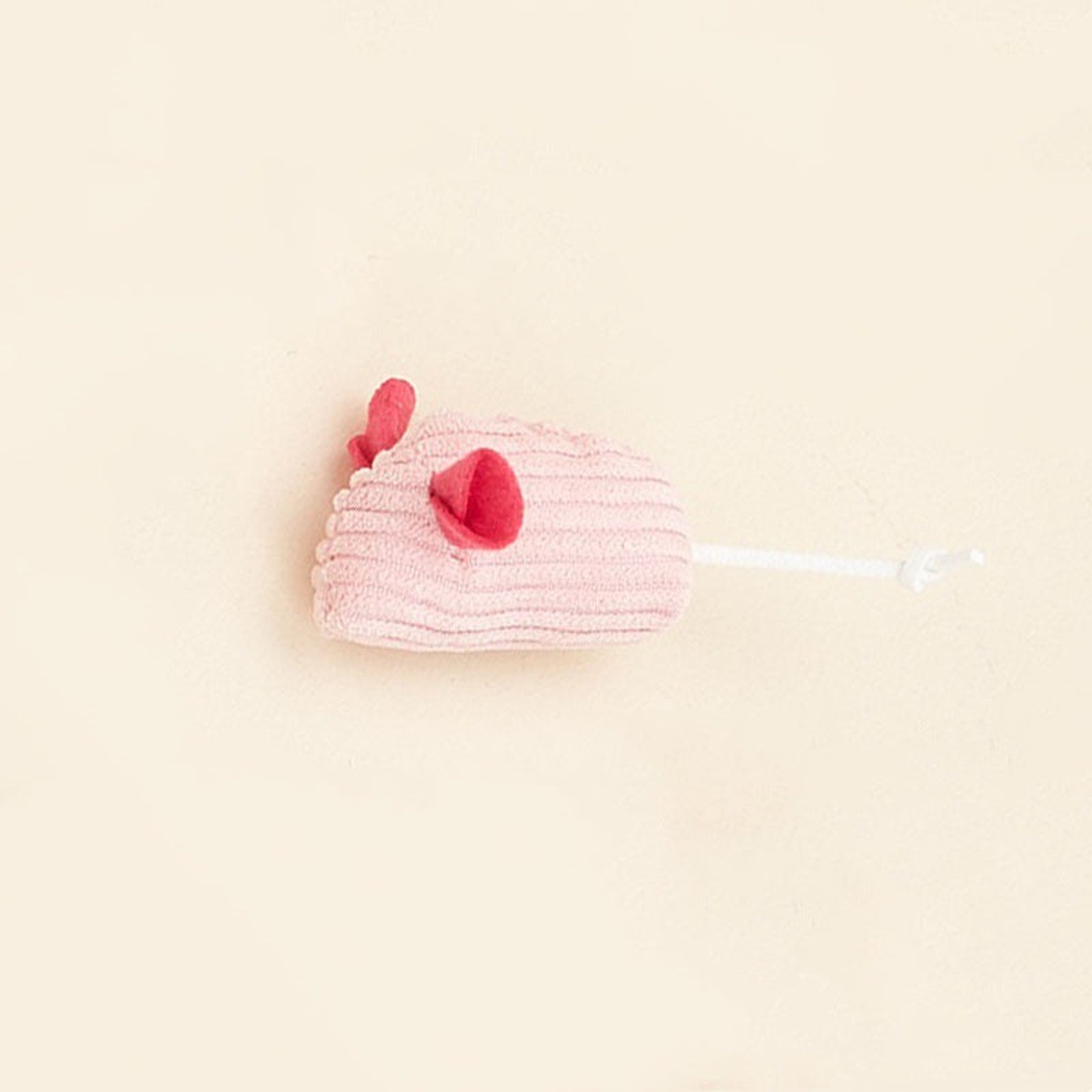 Light Pink ribbed mouse-shaped cat toy with dark pink ears and cord tail
