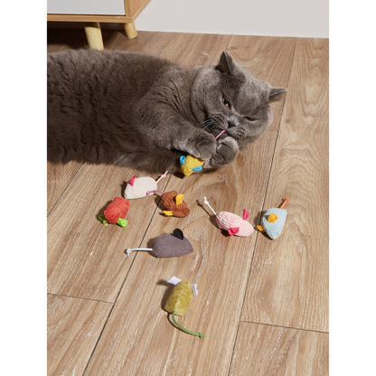 Gray cat playing with a yellow mouse-shaped toy beside assorted colors