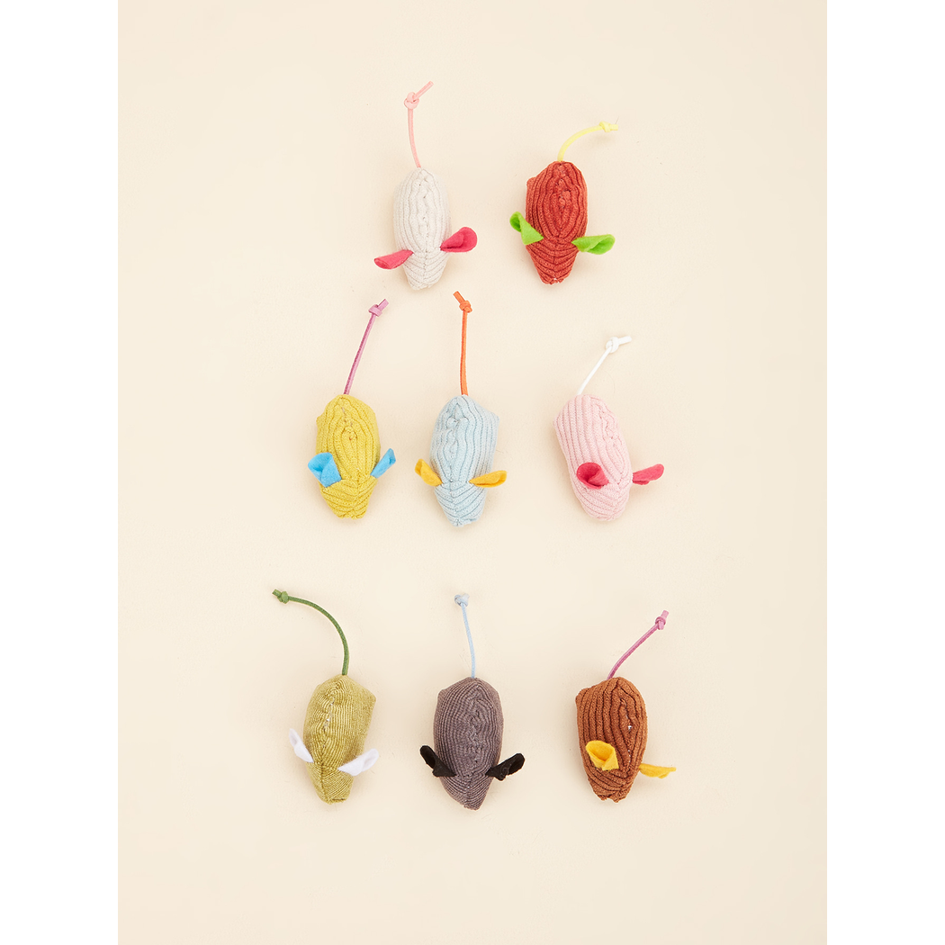 Eight colorful mouse-shaped cat toys arranged in rows