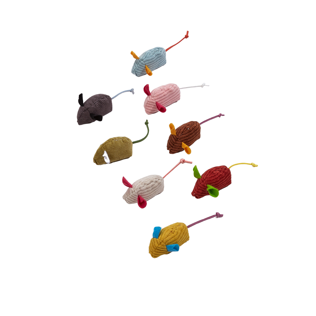 Eight colorful ribbed mouse-shaped cat toys on a white background