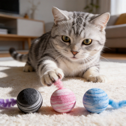 Cat playing with three striped ball-and-tail cat toys on a rug