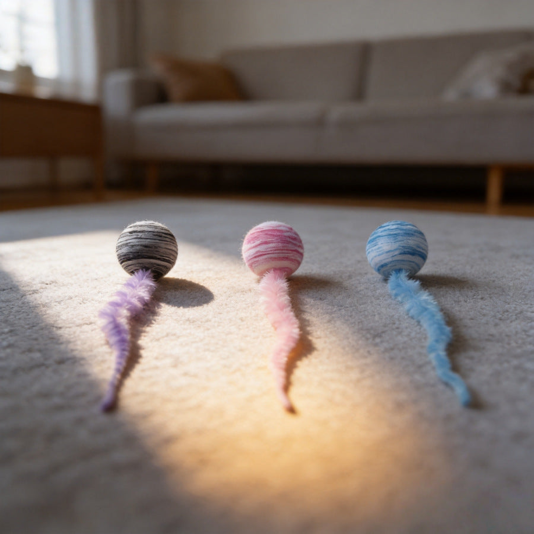 Three striped ball-and-tail cat toys arranged on a sunlit rug