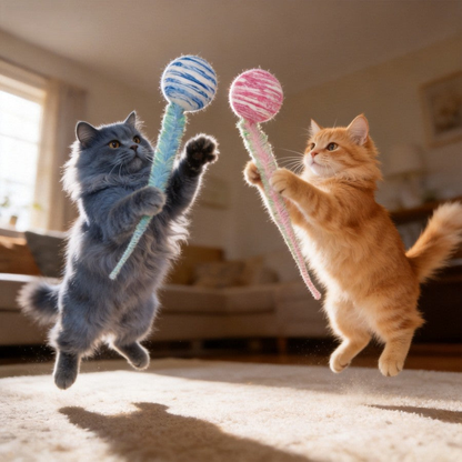 Two cats reaching for blue and pink ball-and-tail cat toys