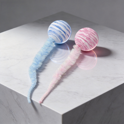 Blue and pink striped ball-and-tail cat toys displayed on a marble surface