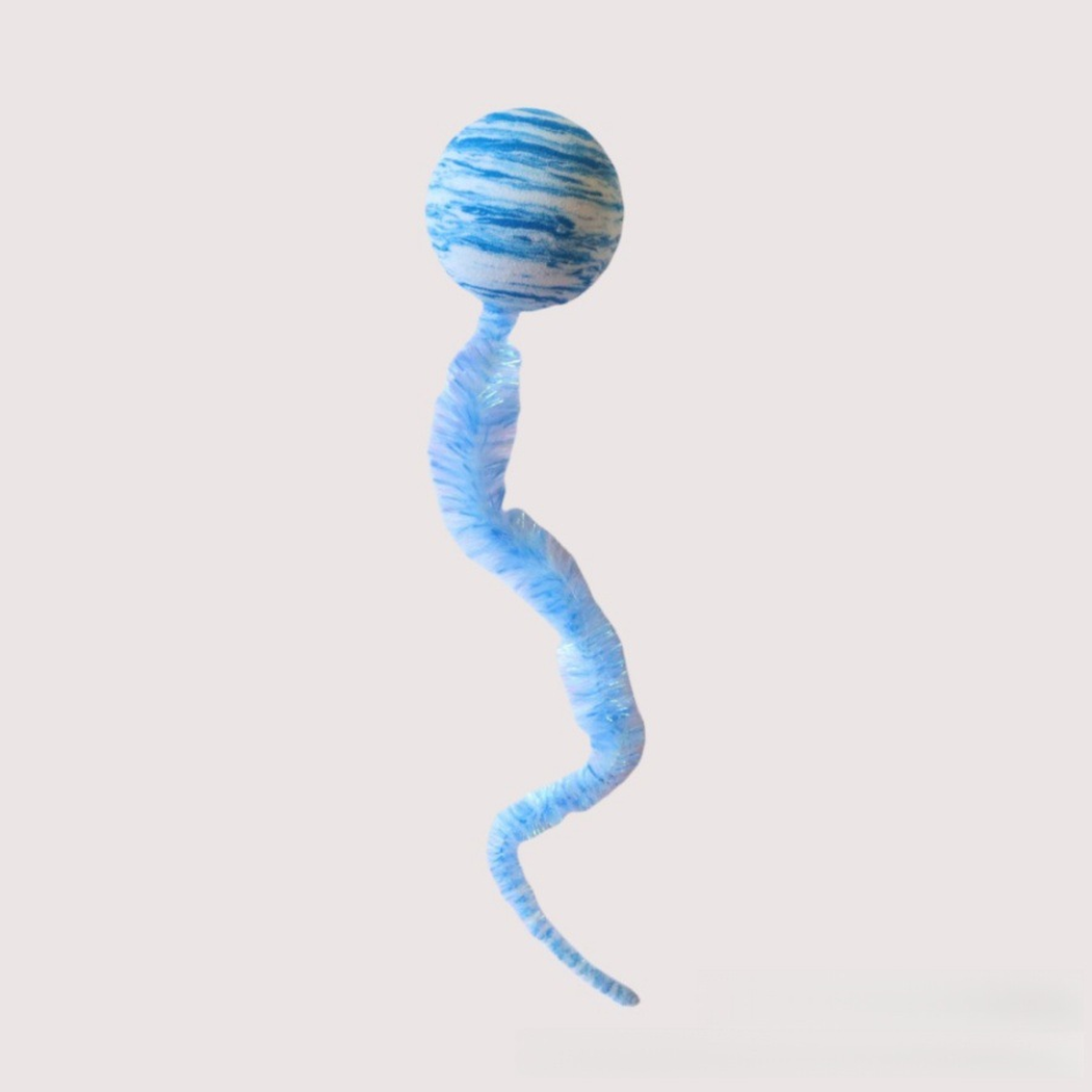 Blue striped ball-and-tail cat toy with a long fuzzy tail