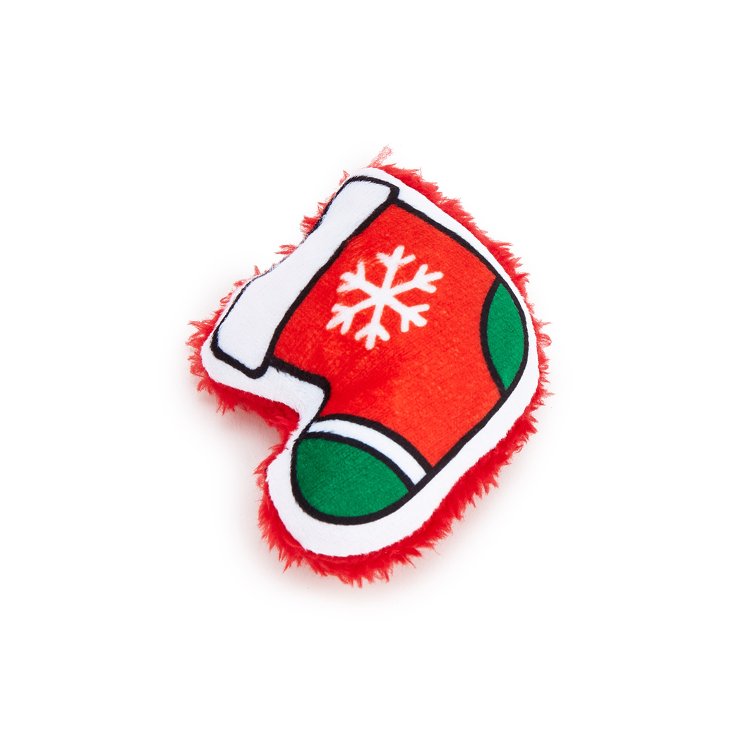 Stocking style Christmas cat toy on a white background
