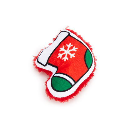 Stocking style Christmas cat toy on a white background