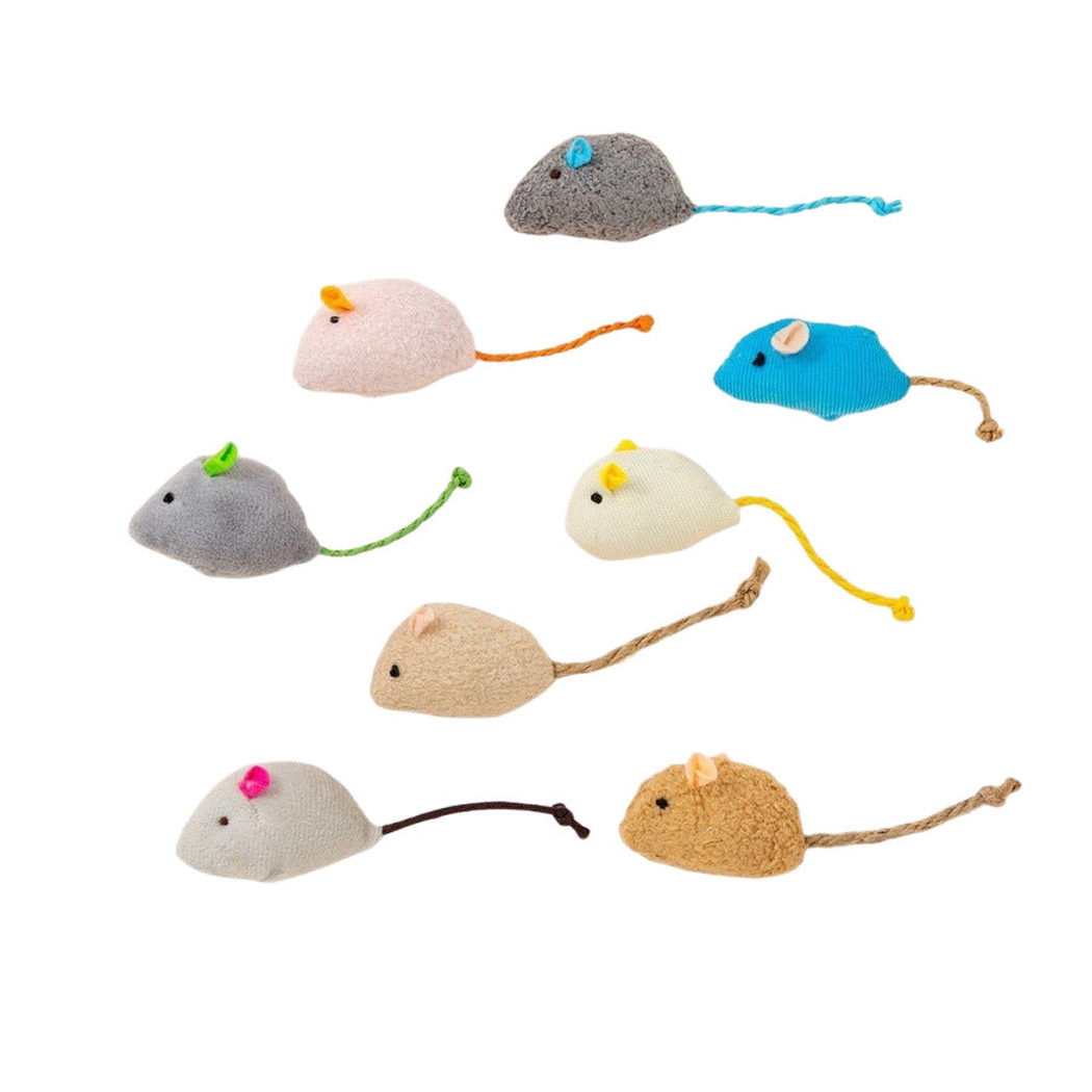Eight mouse-shaped cat toys in assorted colors with cord tails