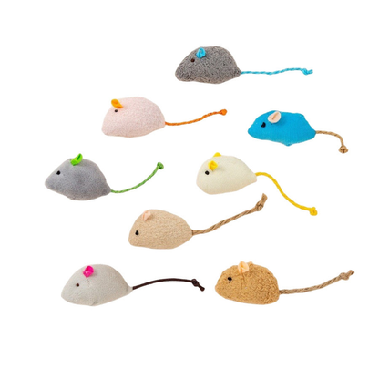 Eight mouse-shaped cat toys in assorted colors with cord tails