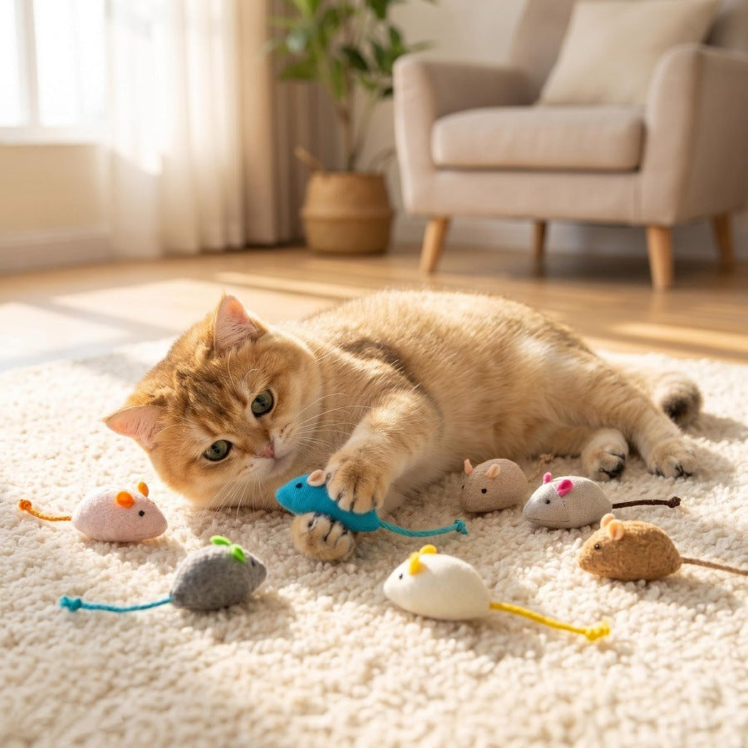 Cat playing with a turquoise mouse-shaped toy on a living room rug