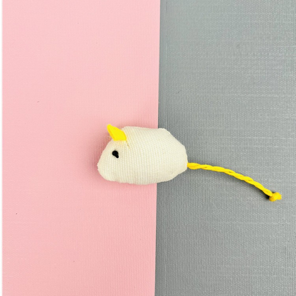 Ivory mouse-shaped cat toy with yellow ears and cord tail