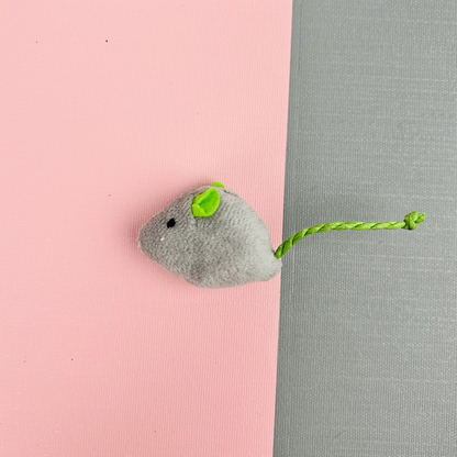 Gray mouse-shaped cat toy with green ears and cord tail