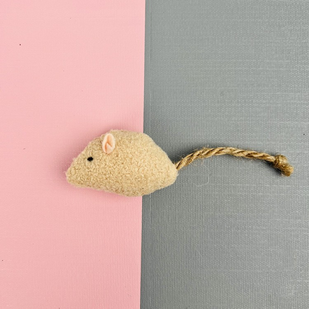 Beige mouse-shaped cat toy with cord tail