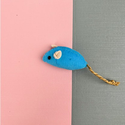 Turquoise mouse-shaped cat toy with cord tail