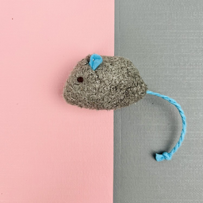 Dark Gray mouse-shaped cat toy with blue ears and cord tail