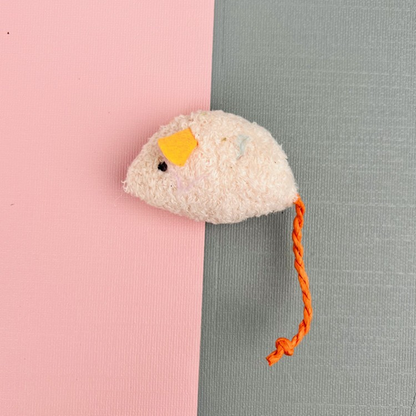 Light Pink mouse-shaped cat toy with orange ears and cord tail