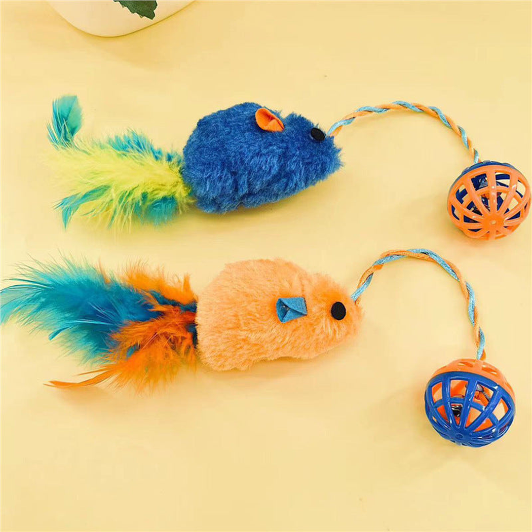 Orange and blue mouse-and-ball cat toys with feather tails displayed together