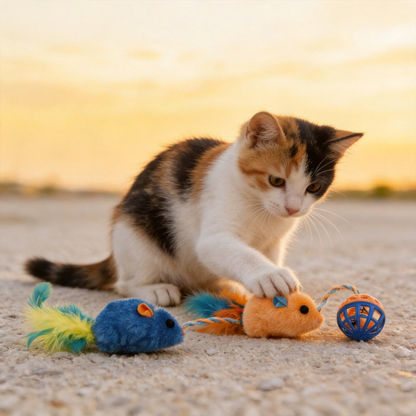 Cat batting an orange mouse-and-ball toy beside the blue color