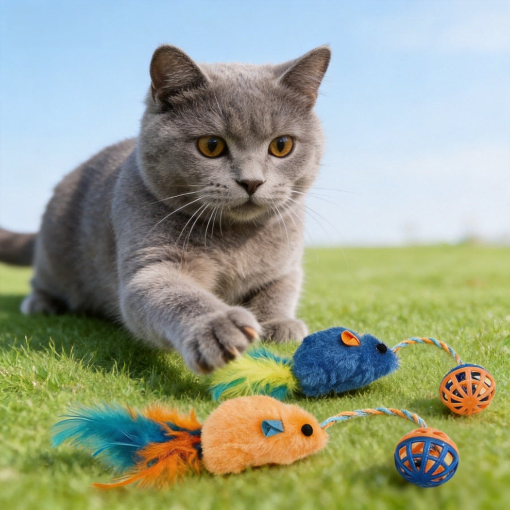 Cat reaching toward orange and blue mouse-and-ball toys on grass
