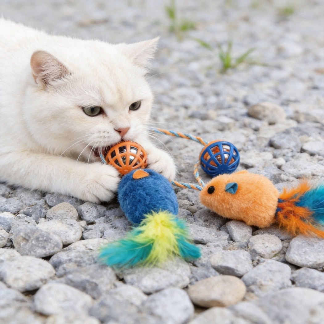 Cat holding the lattice ball of an orange mouse toy beside the blue color
