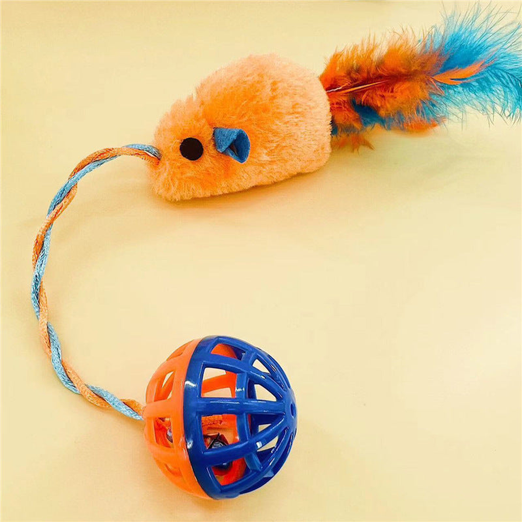 Orange mouse-and-ball cat toy with a feather tail, side view
