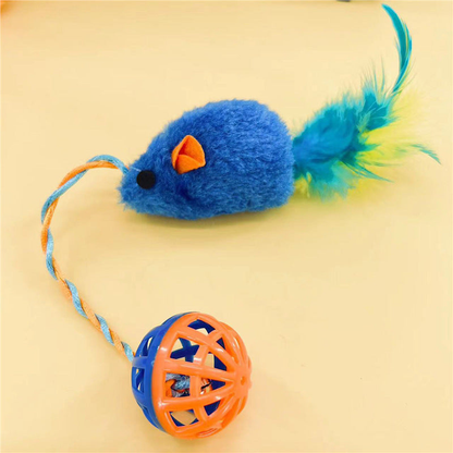 Blue mouse-and-ball cat toy with a feather tail, side view