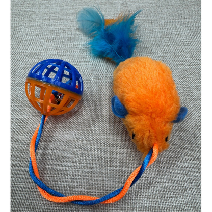 Orange mouse-and-ball cat toy viewed from above with the bell visible inside the ball