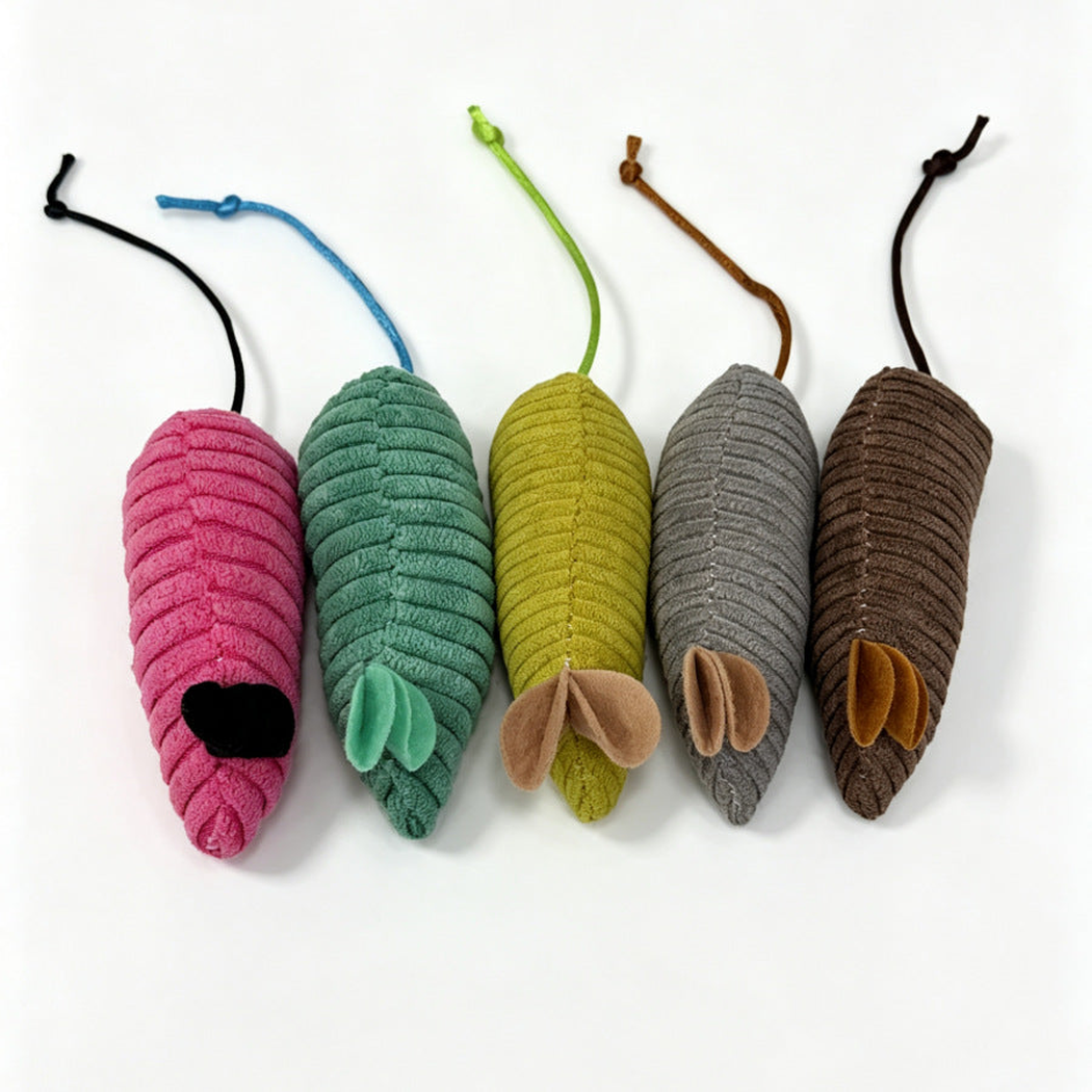 Pink, teal blue, green, gray and brown ribbed mouse-shaped cat toys displayed together