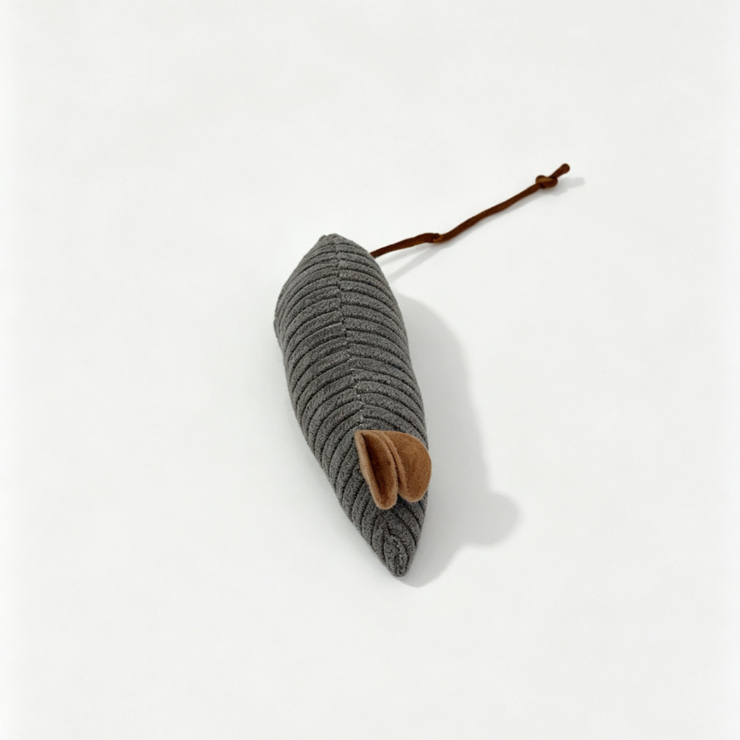 Gray ribbed mouse-shaped cat toy with brown ears and cord tail