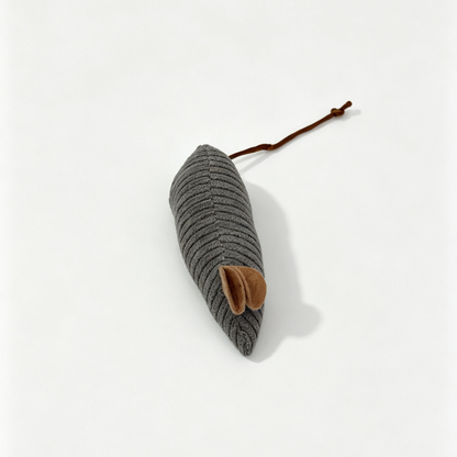 Gray ribbed mouse-shaped cat toy with brown ears and cord tail