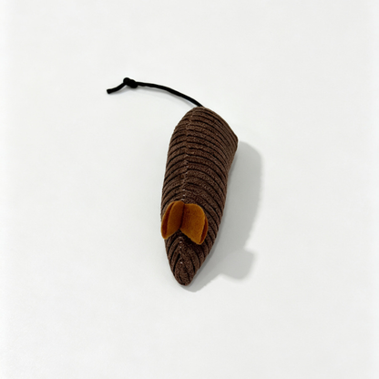Brown ribbed mouse-shaped cat toy with golden-brown ears and cord tail