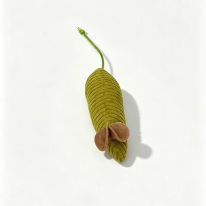 Green ribbed mouse-shaped cat toy with tan ears and green cord tail