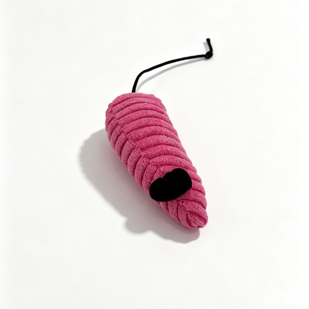 Pink ribbed mouse-shaped cat toy with black ears and cord tail