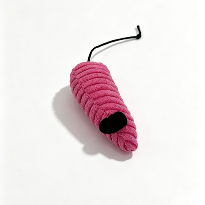 Pink ribbed mouse-shaped cat toy with black ears and cord tail