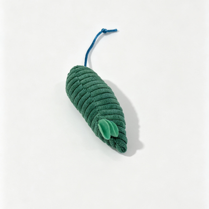 Teal blue ribbed mouse-shaped cat toy with matching ears and blue cord tail